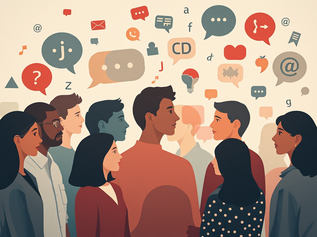 Illustration of a diverse group of people with colorful speech bubbles, letters, and communication icons floating above their heads.