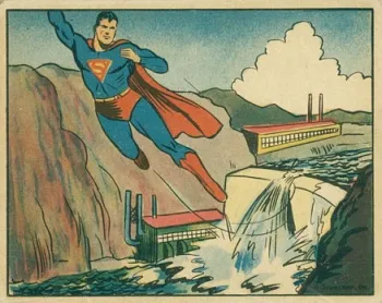 Vintage golden-age comic art of Superman flying over a dam