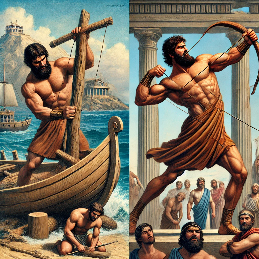 Odysseus diptych: building a ship on the left, drawing a bow on the right