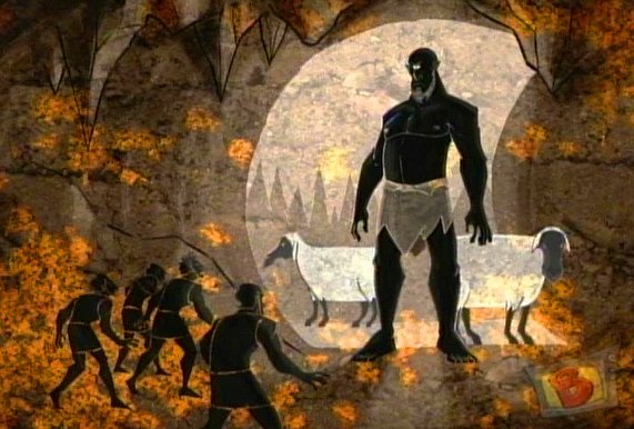 Cave-painting-style scene of Odysseus confronting the Cyclops with sheep