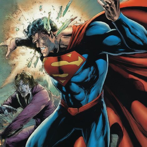 Modern comic-style Superman fighting the Joker with a bright explosion behind them