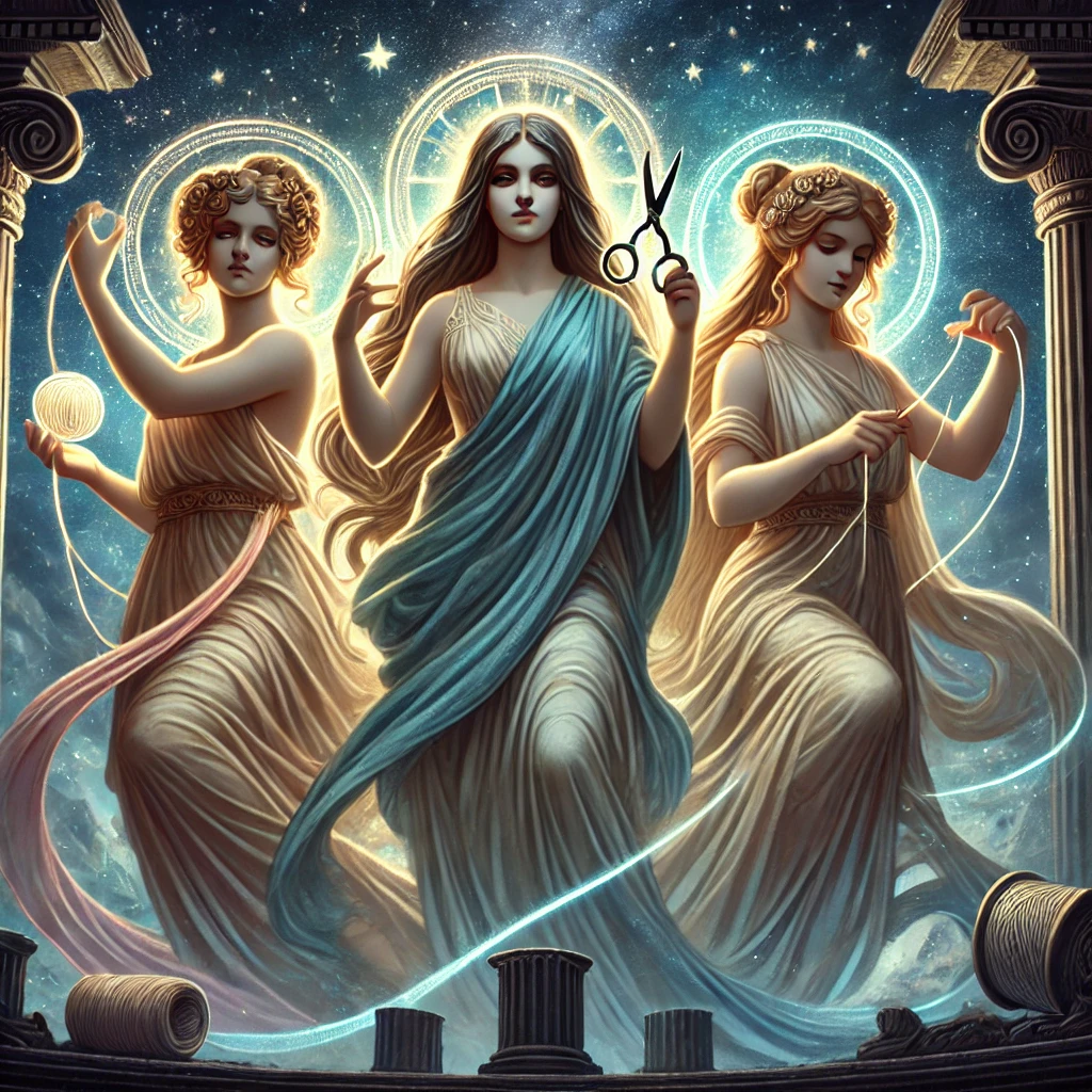 The three Fates, robed women with thread, scissors, and glowing halos
