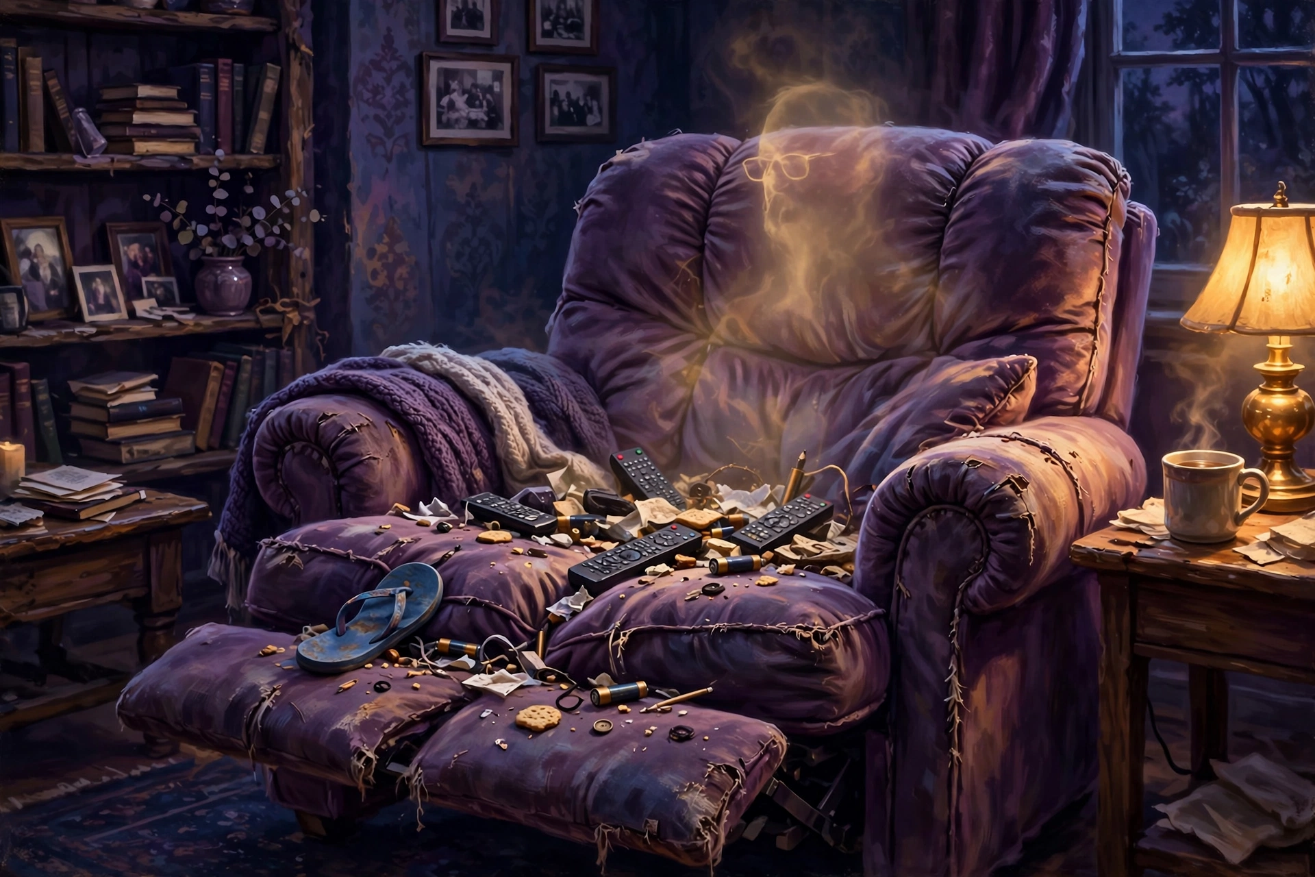 A worn purple recliner in a warm family living room, its cushions holding memories